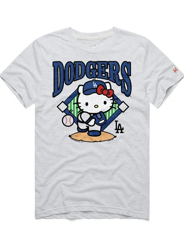 Hello Kitty x Los Angeles Dodgers T-Shirt Shirt unisex front product view | Dash Racegear — Grey Homage Hello Kitty Dodgers fleece T-shirt, cozy fabric for cute sporty everyday style.