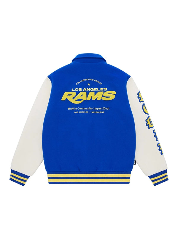 Homie x Los Angeles Rams Letterman Jacket Jacket unisex detail view 2 | Dash Racegear — Blue Cream Wool Letterman Varsity Jacket with Leather Sleeves featuring Homie x Los Angeles Rams 2026 styling