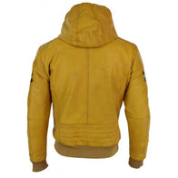 Mens Hooded Yellow Leather Bomber Jacket Bomber Jacket men detail view 2 | Dash Racegear — Hooded Bomber Leather Jacket