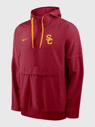 Nike USC Sideline College Anorak Hooded Jacket Jacket unisex front product view | Dash Racegear — Southern California University Unisex Nike 1 2 Zip College Anorak Sideline Red Hooded Jacket with athletic spirit