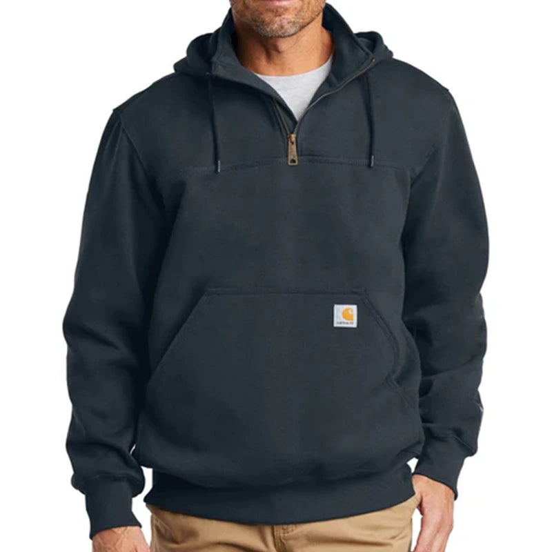 Carhartt Paxton Heavyweight Hoodie Hoodie unisex detail view 5 | Dash Racegear — Carhartt navy blue hoodie with its structured design and heavyweight fleece material.