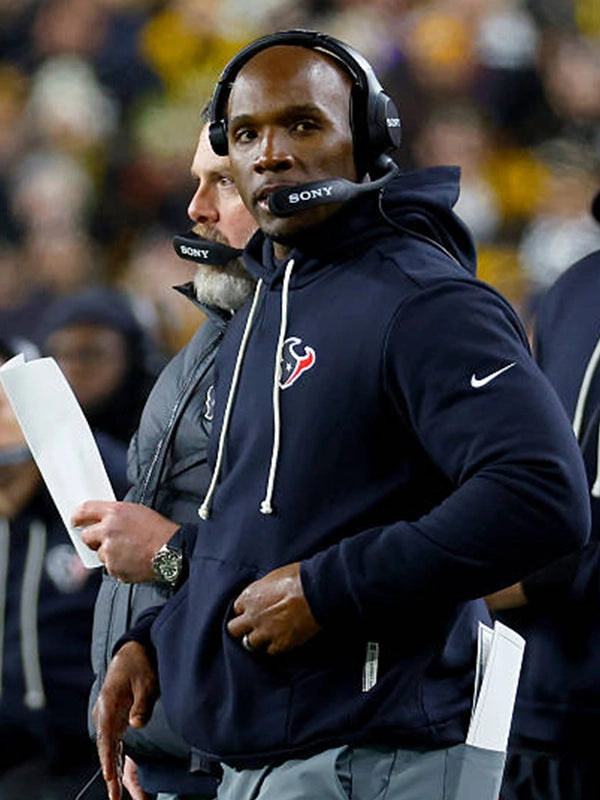 Houston Texans DeMeco Ryans 2025 Sideline Hoodie Hoodie unisex front product view | Dash Racegear — DeMeco Ryans Houston Texans 2025 Nike Sideline Pullover Hoodie, navy and comfortable, perfect for cool-weather game days.