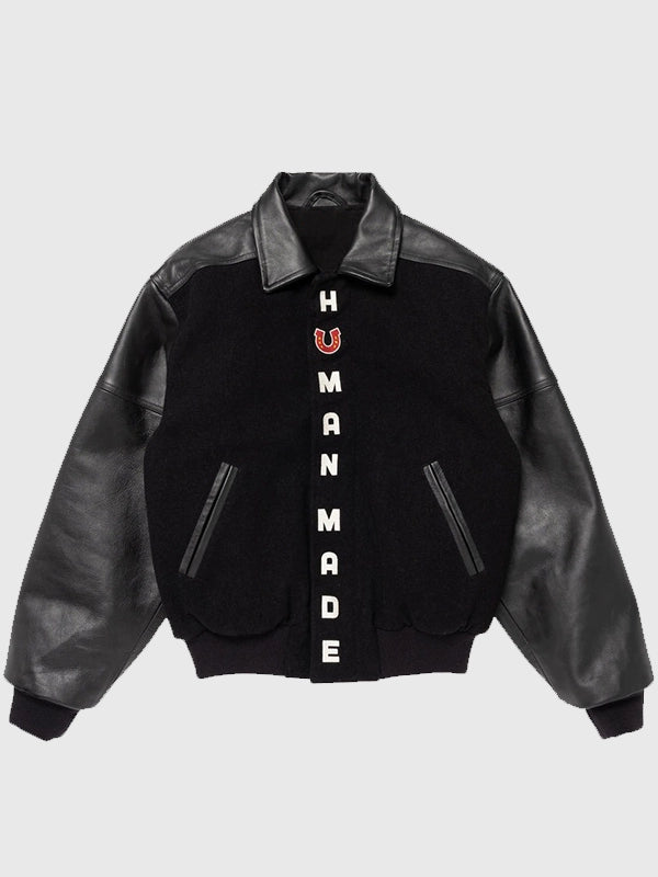 Human Made Stadium Varsity Jacket Varsity Jacket unisex front product view | Dash Racegear — Human Made 2025 Unisex Black Varsity Jacket blends wool and leather for street-ready style and everyday warmth.
