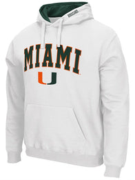 Miami Hurricanes Arch & Logo Pullover Hoodie Hoodie unisex detail view 2 | Dash Racegear — Recreation Miami Hurricanes arch logo fleece hoodie in white designed for casual fanwear and easy layering