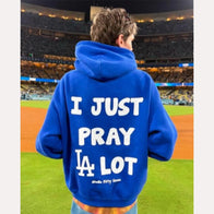 I Just Pray A Lot Dodgers Hoodie Hoodie unisex front product view | Dash Racegear — I Just Pray A Lot Hoodie – Dodgers Blue Faith Streetwear