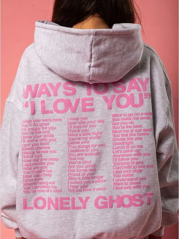 I Love You Say It Back Hoodie Hoodie unisex detail view 4 | Dash Racegear — Women’s Lonely Ghost Say It Back hoodie in grey, soft, oversized design made for relaxed, effortless comfort.