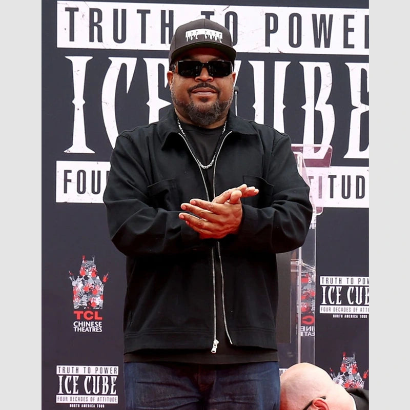 TCL Chinese Theater Ice Cube Black Jacket Jacket unisex front product view | Dash Racegear — Ice Cube in stylish black jacket during TCL handprint event
