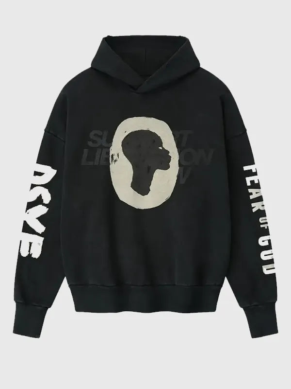 Fear of GOD x Idris Elba DSYF Hoodie Hoodie unisex front product view | Dash Racegear — Fear of GOD x Idris Elba DSYF black pullover hoodie, heavyweight fleece, unisex fit for everyday street layering.