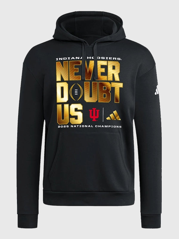Indiana Hoosiers 2025 National Champions Never Doubt Us Hoodie Hoodie unisex detail view 2 | Dash Racegear — Black Indiana Hoosiers 2025 National Champions Never Doubt Us hoodie by adidas, cozy pullover for game days.