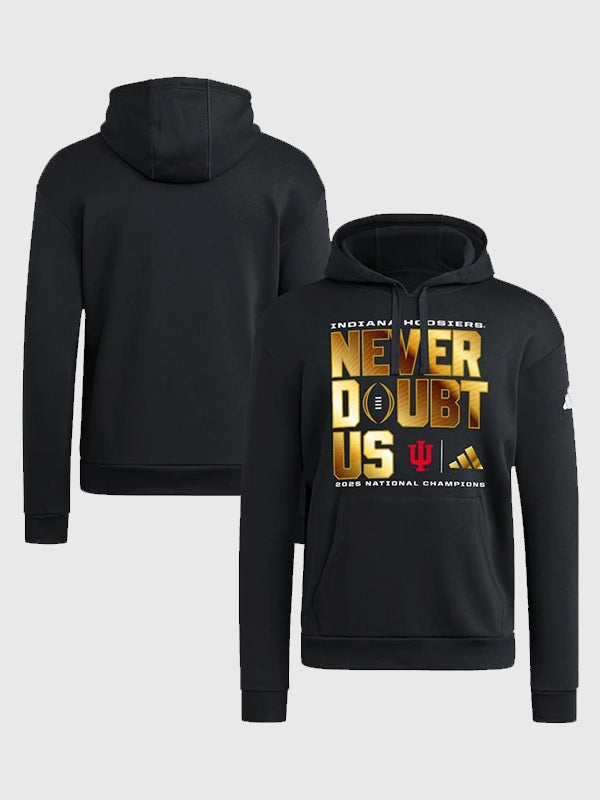 Indiana Hoosiers 2025 National Champions Never Doubt Us Hoodie Hoodie unisex front product view | Dash Racegear — Indiana Hoosiers adidas 2025 CFP National Champions hoodie in black, bold Never Doubt Us slogan for proud fans.