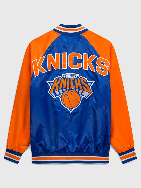 New York Knicks Starter Inductee Varsity Jacket Varsity Jacket unisex detail view 4 | Dash Racegear — New York Knicks Blue Orange Satin Raglan Varsity Jacket featuring the Starter Inductee Full Snap edition