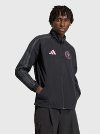 Adidas Inter Miami CF Anthem Jacket Jacket unisex front product view | Dash Racegear — Black Inter Miami CF Adidas Anthem Jacket, unisex fit with sporty style and lightweight comfort for fans.