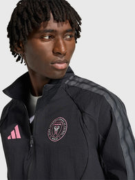 Adidas Inter Miami CF Anthem Jacket Jacket unisex detail view 3 | Dash Racegear — Inter Miami CF Adidas Black Anthem Jacket, unisex design with full zip and iconic team crest.