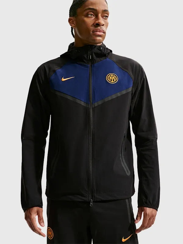 Inter Milan Tech Windrunner Nike Woven Jacket Jacket unisex detail view 4 | Dash Racegear — Nike Inter Milan Tech Windrunner jacket designed for breathable comfort and effortless football-inspired streetwear appeal.