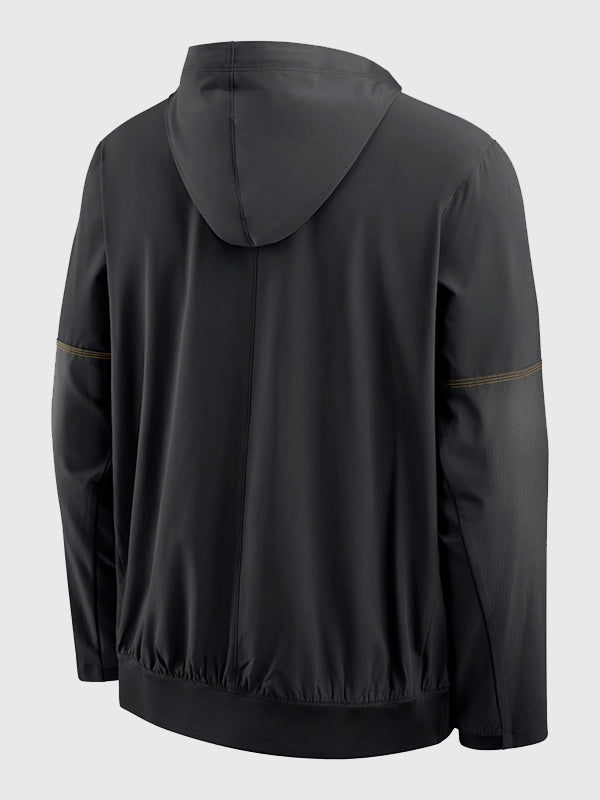 Nike Iowa Sideline College Anorak Hooded Jacket Jacket unisex detail view 2 | Dash Racegear — Unisex Iowa College Nike Black Hooded Anorak Sideline Jacket featuring a practical 1 2 Zip sportswear design