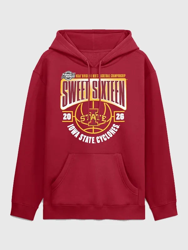 Iowa State Cyclones 2026 NCAA Tournament March Madness Sweet 16 Hoodie Hoodie unisex front product view | Dash Racegear — Maroon Iowa State Cyclones 2026 March Madness Sweet 16 hoodie, cozy and perfect for fans cheering daily.
