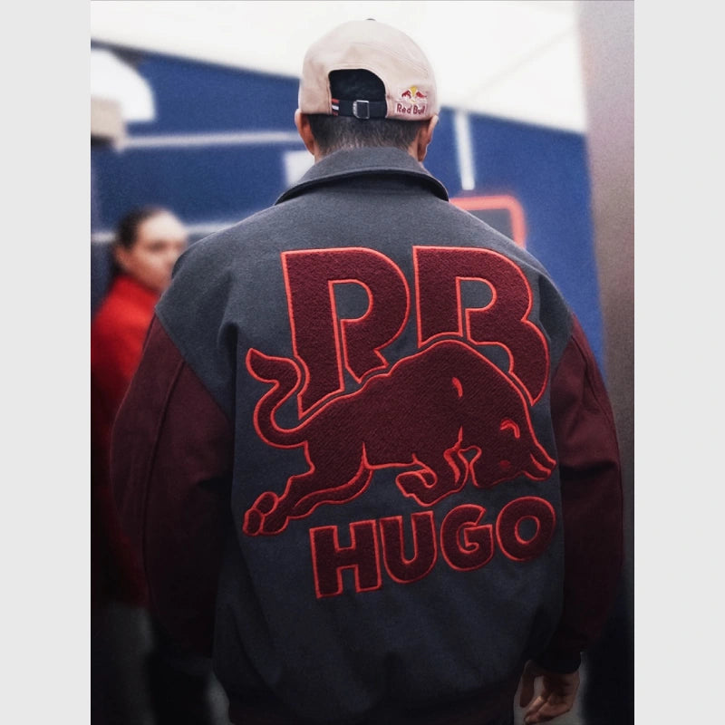 Isack Hadjar HUGO x RB Varsity Jacket Varsity Jacket unisex front product view | Dash Racegear — Motorsport-inspired HUGO x RB varsity jacket by Isack Hadjar