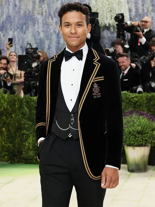 Jaafar Jackson Met Gala 2026 Polo Ralph Lauren Tuxedo Fashion Apparel unisex front product view | Dash Racegear — Jaafar Jackson Met Gala 2026 Black and Gold Polo Ralph Lauren Tuxedo