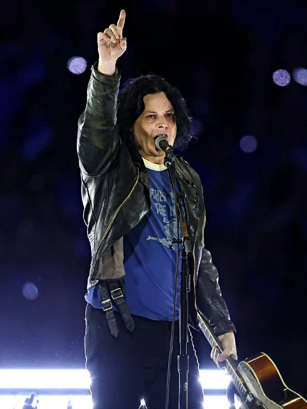 Jack White Halftime Show Leather Jacket Leather Jacket unisex detail view 3 | Dash Racegear — Jack White performing live in sleek leather jacket at football halftime show
