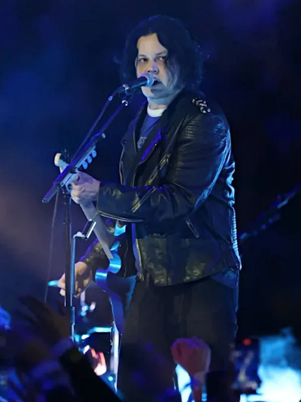 Jack White Halftime Show Leather Jacket Leather Jacket unisex detail view 5 | Dash Racegear — Dynamic concert moment: Jack White in black leather jacket at Packers v Lions