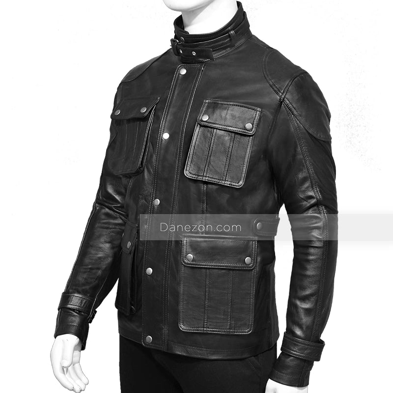 Mens Four Pocket Black Leather Jacket Leather Jacket men detail view 2 | Dash Racegear — Jacob Four Pocket Mens Leather Jacket