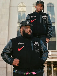 Jae Tips Savior Nike Jacket Jacket unisex detail view 2 | Dash Racegear — Black Jae Tips Savior Nike Destroyer varsity jacket, warm wool build, perfect for daily outfits.