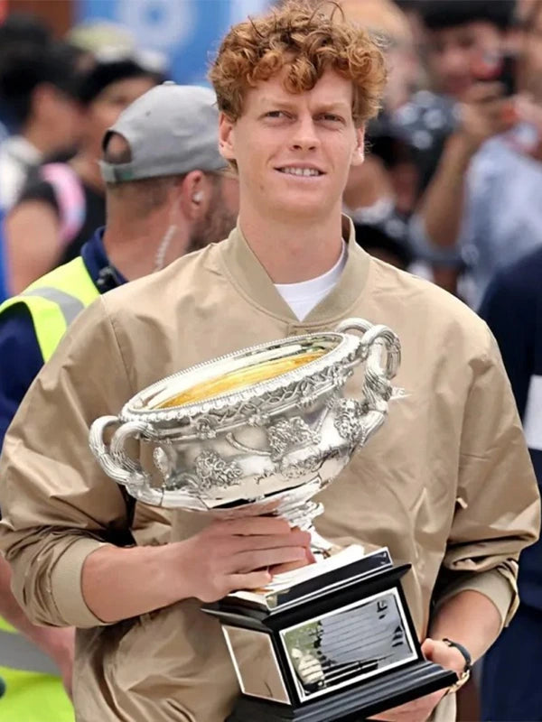 Jannik Sinner Australian Open Tennis Tournament Jacket Jacket unisex detail view 2 | Dash Racegear — Australian Open 2026 Jannik Sinner Bomber Jacket in beige, sleek, cozy, and ideal for tennis fans.