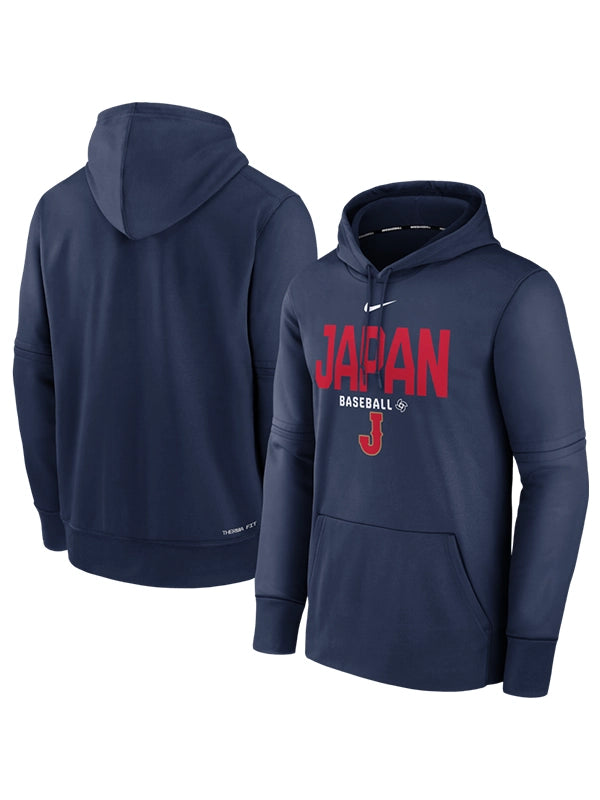 Japan 2026 World Baseball Classic Hoodie Hoodie unisex front product view | Dash Racegear — Navy Japan 2026 WBC Nike Therma Hoodie, hooded fleece pullover with bold team graphics for fan pride.