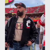 Jason Kelce Cincinnati vs Nebraska Game Jacket Jacket unisex front product view | Dash Racegear — Retro Football Style – Jason Kelce Nebraska Match Jacket
