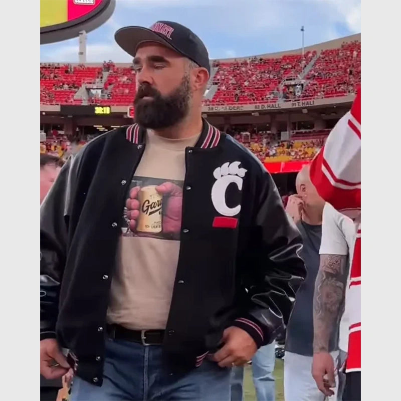 Jason Kelce Cincinnati vs Nebraska Game Jacket Jacket unisex front product view | Dash Racegear — Retro Football Style – Jason Kelce Nebraska Match Jacket