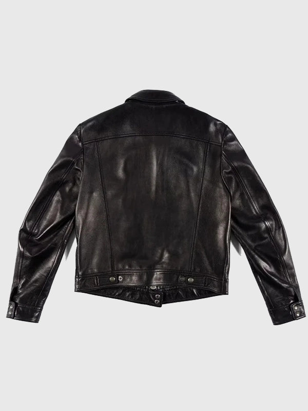 Jensen Huang Signature Black Leather Trucker Jacket Jacket unisex detail view 3 | Dash Racegear — Tom Ford black leather trucker jacket inspired by NVIDIA CEO Jensen Huang with refined everyday sophistication.
