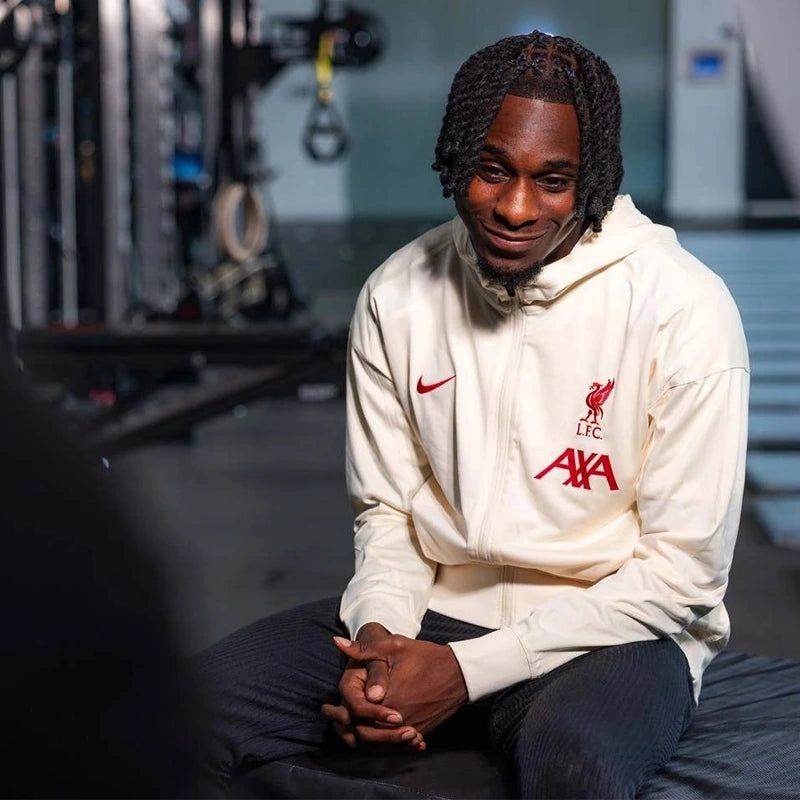 Jeremie Frimpong Nike Liverpool FC Strike Track Jacket Jacket unisex front product view | Dash Racegear — Nike football track jacket for Liverpool FC