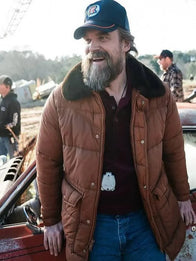 Stranger Things Wrangler Jim Hopper Jacket Jacket unisex front product view | Dash Racegear — Channel Jim Hopper’s season five energy in this Wrangler x Stranger Things brown puffer jacket for cold conditions.