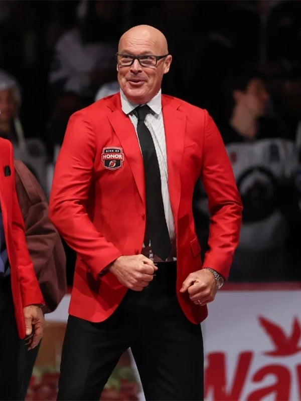 John MacLean Ring of Honor Jacket Jacket unisex front product view | Dash Racegear — John MacLean New Jersey Devils Ring of Honor Red Blazer Jacket, sleek and bold, perfect for fans celebrating a legend.