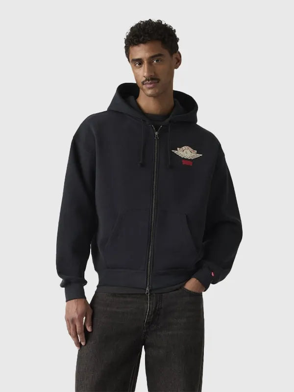 Levi’s x Jordan Full-Zip Hoodie Hoodie unisex detail view 3 | Dash Racegear — Unisex Levi’s x Jordan black hoodie with two‑way zip and bold logo details for everyday layered urban style.