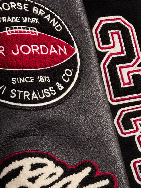 Levi’s x Jordan 2026 Varsity Jacket Varsity Jacket unisex detail view 4 | Dash Racegear — Black Levi’s x Jordan varsity jacket, 2026 edition with wool fabric and leather sleeves for bold casual styling.