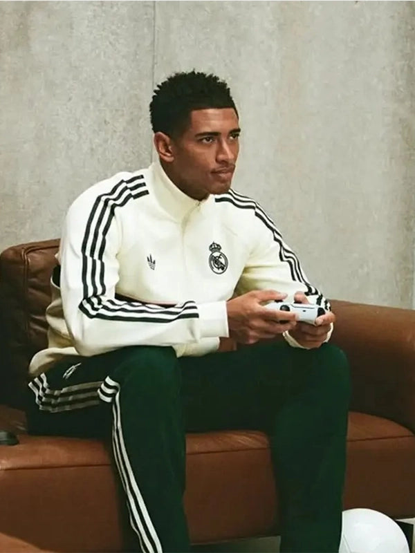 Jude Bellingham EA FC 27 Real Madrid Track Jacket Jacket unisex detail view 2 | Dash Racegear — White Real Madrid Adidas EA Sports FC 27 Jude Bellingham fleece track jacket crafted for cozy comfort and versatile casual fashion.
