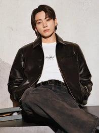 Jungkook Calvin Klein Leather Jacket Leather Jacket unisex detail view 2 | Dash Racegear — Black leather racer jacket inspired by Jungkook x Calvin Klein with simple design and premium feel.
