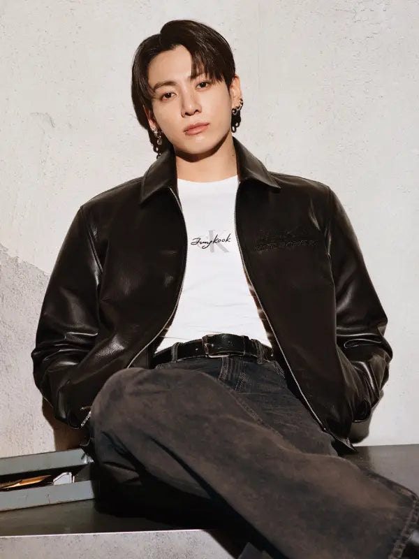 Jungkook Calvin Klein Leather Jacket Leather Jacket unisex detail view 2 | Dash Racegear — Black leather racer jacket inspired by Jungkook x Calvin Klein with simple design and premium feel.