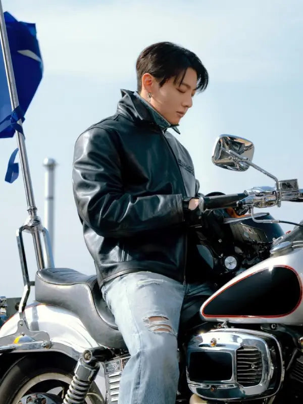Jungkook Calvin Klein Leather Jacket Leather Jacket unisex detail view 3 | Dash Racegear — Calvin Klein black leather jacket with racer style and Jungkook inspired fashion influence for daily wear.