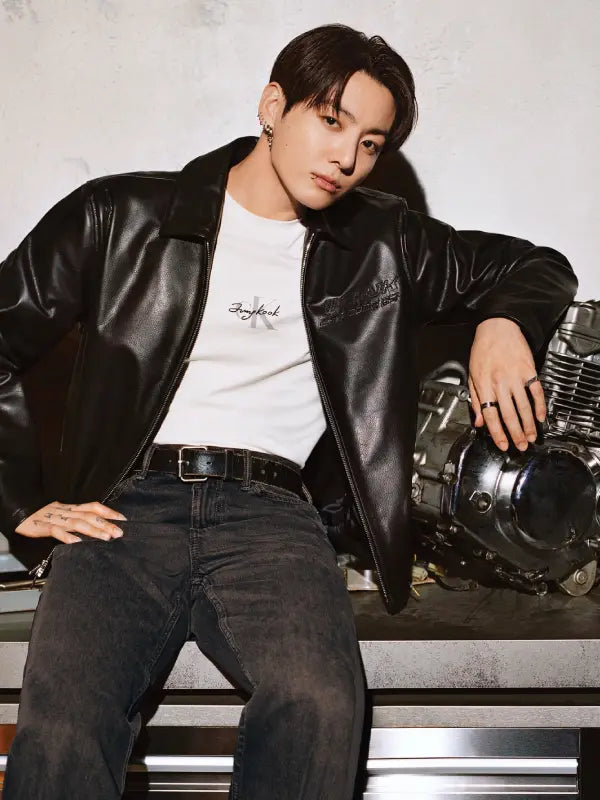 Jungkook Calvin Klein Leather Jacket Leather Jacket unisex front product view | Dash Racegear — Jungkook for Calvin Klein Black Leather Racer Jacket featuring smooth leather finish and clean design.