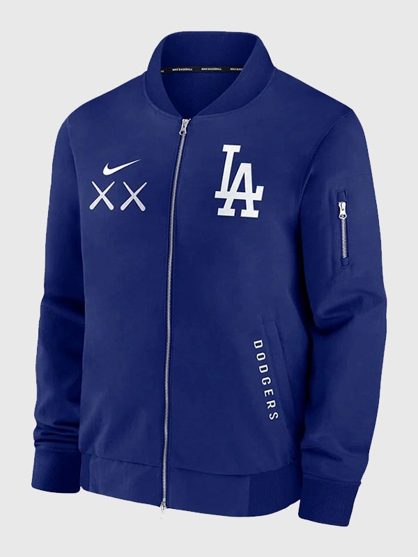 KAWS x MLB Dodgers Nike Dugout Bomber Jacket Bomber Jacket unisex front product view | Dash Racegear — Nike Dugout KAWS x MLB Los Angeles Dodgers 2026 Royal Blue Bomber Jacket with a sleek unisex fit and modern streetwear appeal.