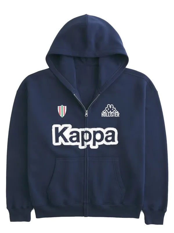Hollister x Kappa Boxy Zip-Up Logo Graphic Hoodie Hoodie unisex front product view | Dash Racegear — Hollister x Kappa 2026 navy blue boxy zip-up hoodie, logo detail, unisex fit for relaxed everyday streetwear.