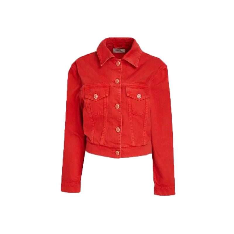 Kathleen Red Denim Jacket Denim Jacket unisex front product view | Dash Racegear — Kathleen Red Denim Jacket with Shirt Style Collar
