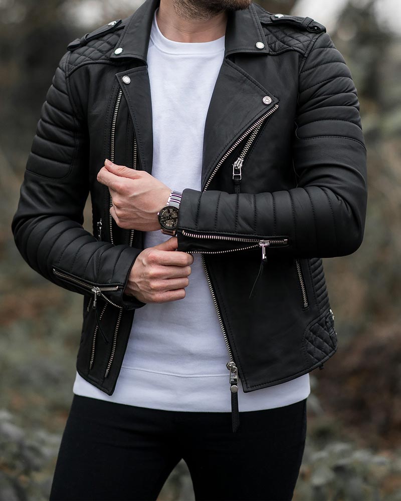 Kay Michaels Biker Leather Jacket Leather Jacket unisex front product view | Dash Racegear — Kay Michaels Leather Biker Jacket