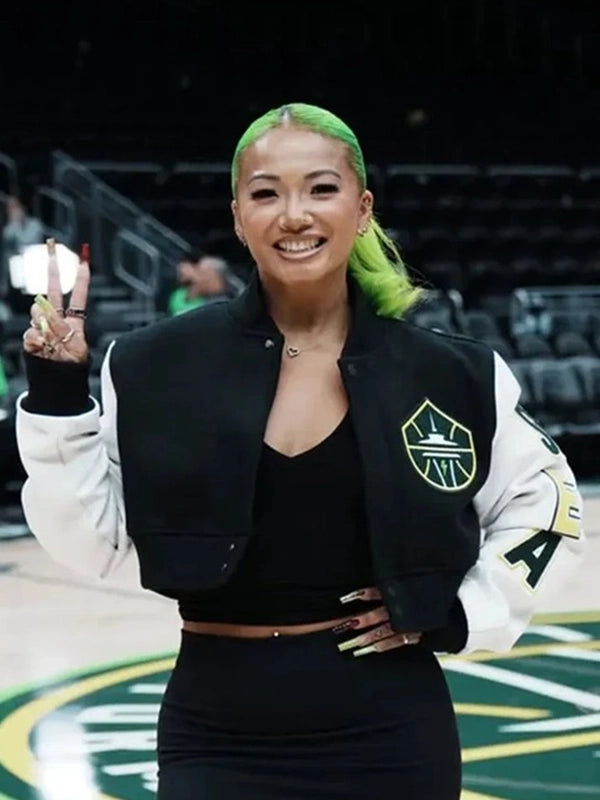 Kayce Kirihara WNBA Seattle Storm Team Cropped Jacket Jacket unisex front product view | Dash Racegear — WNBA Seattle Storm Team 2026 Kayce Kirihara Black and White Cropped Jacket featuring premium comfort and bold basketball-inspired everyday style.