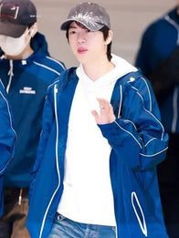 Bts Keep Swimming Jacket Jacket unisex detail view 12 | Dash Racegear — Musinsa Keep Swimming BTS Jacket in blue with bold graphics, perfect for fans styling casual streetwear looks.