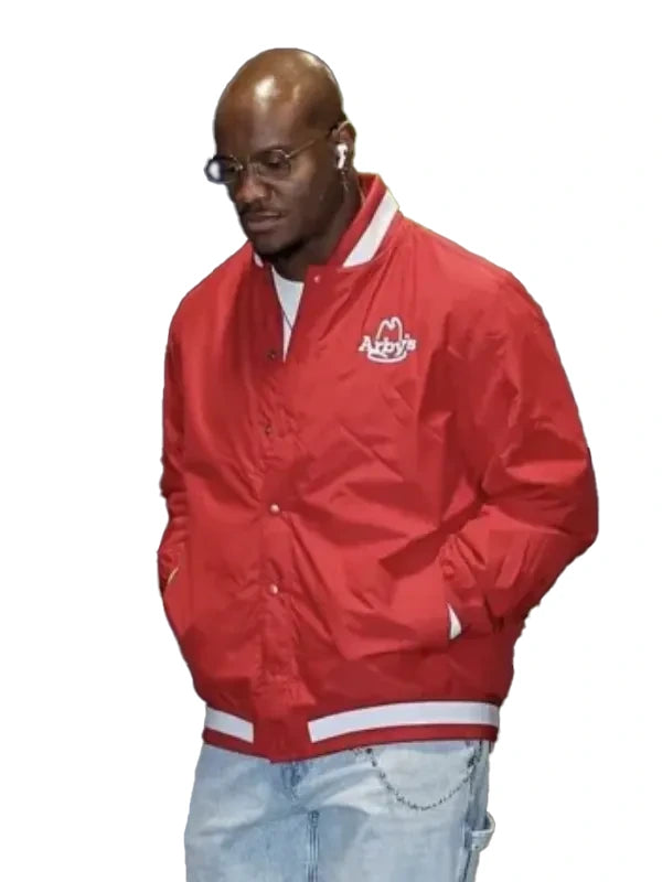Kenneth Walker Arby’s Jacket Jacket unisex detail view 3 | Dash Racegear — Arby’s Red Varsity Bomber Jacket inspired by Kenneth Walker, sporty and eye-catching for everyday or event wear.