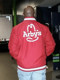 Kenneth Walker Arby’s Jacket Jacket unisex detail view 2 | Dash Racegear — Red Arby’s Varsity Bomber Jacket featuring Kenneth Walker style, perfect for game nights and casual flex looks.