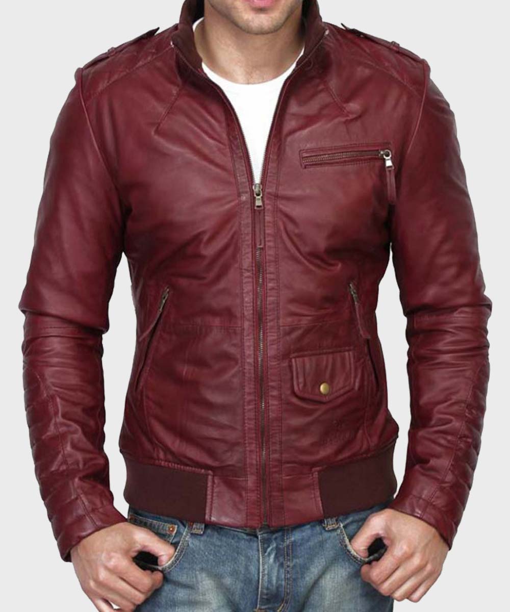 Kevin Burgundy Leather Jacket Leather Jacket unisex front product view | Dash Racegear — Slimfit Leather Mens Burgundy Jacket